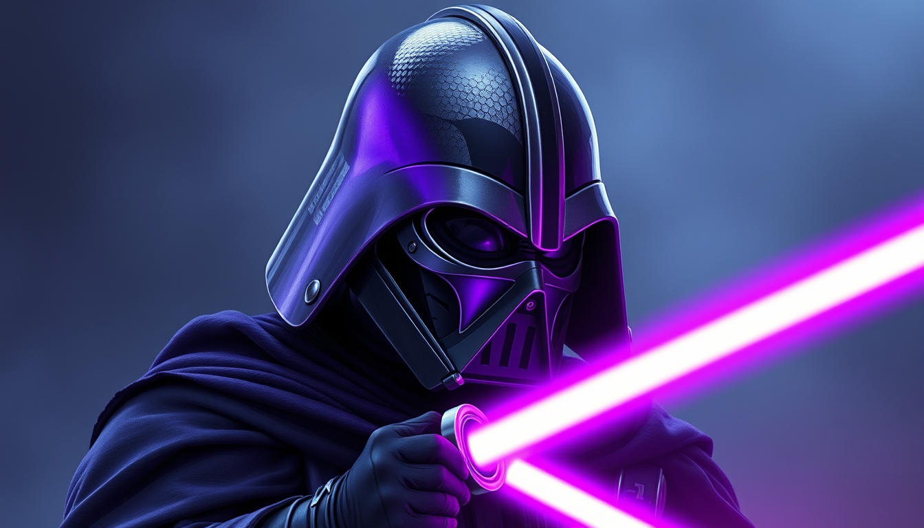 Main art studio: helmeted Sith Lord with purple lightsaber