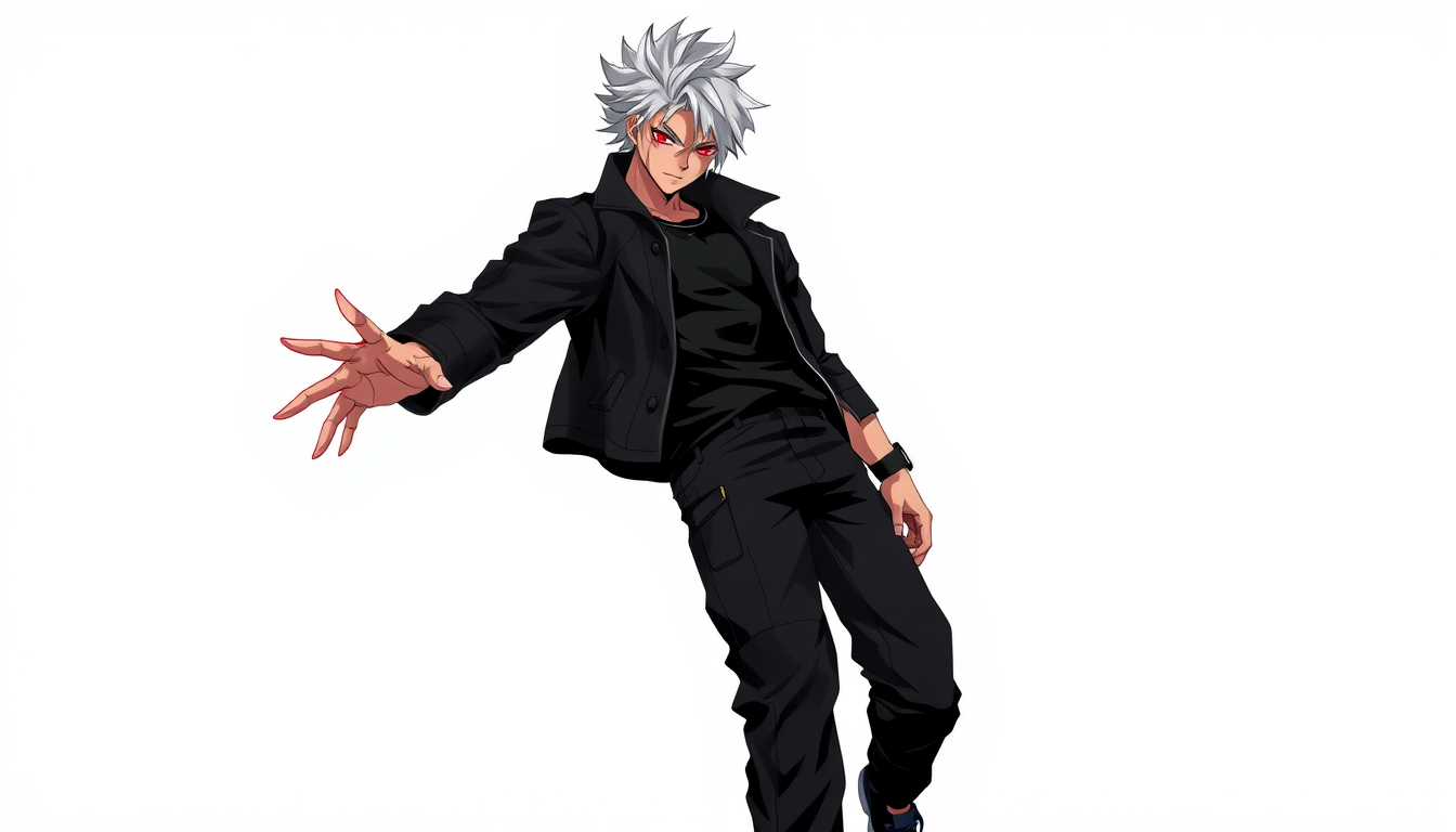 Main art studio: Original anime character VEXOR, full body, silver-white messy hair, sharp glowing red eyes, muscular athletic body, black casual jacket, black shirt,