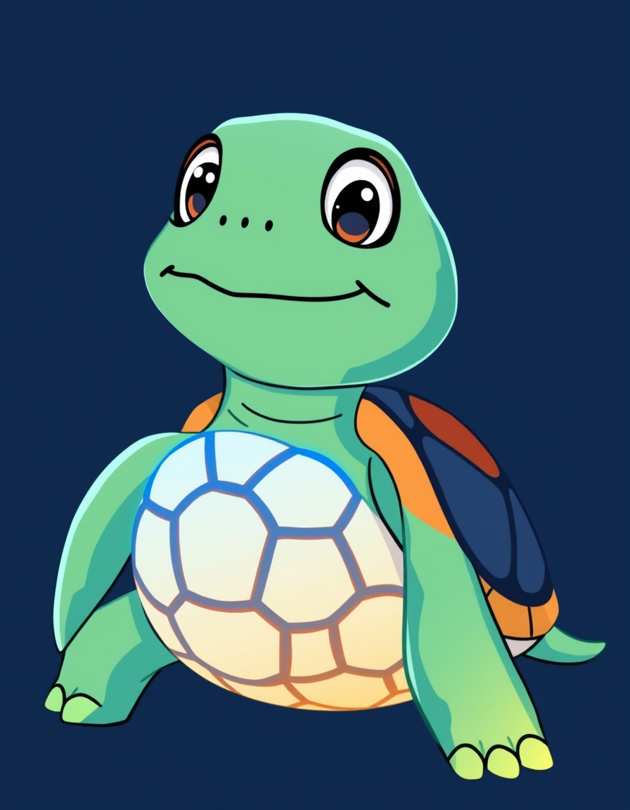 Main art studio: Charismatic gender-neutral turtle mascot, hand-drawn quirky style, expressive face, translucent OLED shell with blue digital glow. VixCursos colors: b