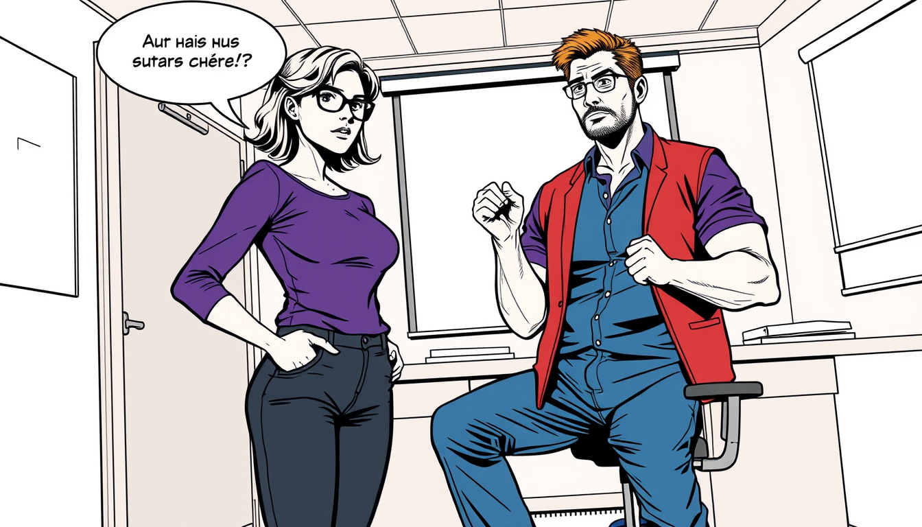 AI Comic idea created from the prompt: comic panel, bold inks, halftone shading, speech-bubble ready composition, -Apparence de la Stagiaire : Cheveux châtains ondulés, haut viole
