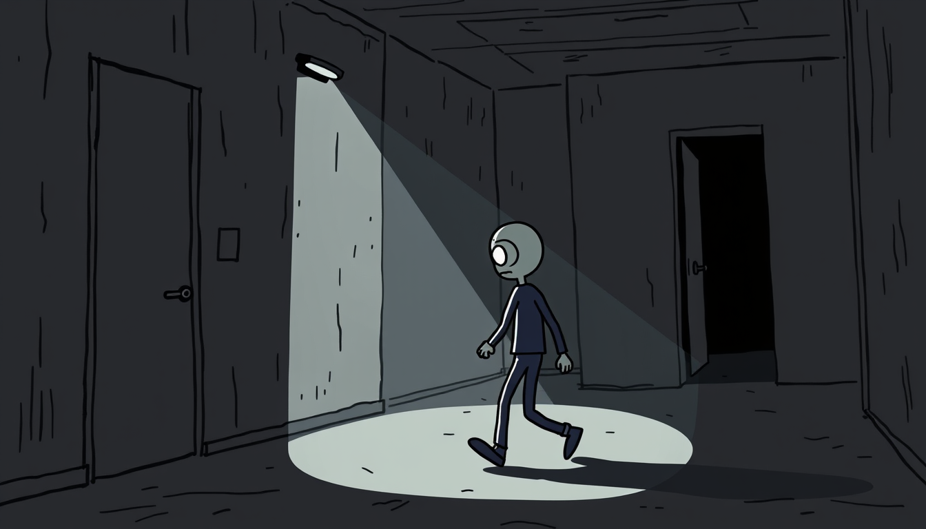 Main art studio: Marcus slowly walking through the abandoned ninth floor, flashlight beam sweeping across walls and empty rooms, long dark shadows behind him, classic