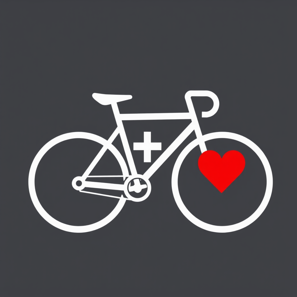 Main art studio: für ein logo ein weisses fahrradsymbol mit rotem herz rechts hinter/über dem fahrrad. im herz ein weisses kreuz. alles einfach und symbolisch