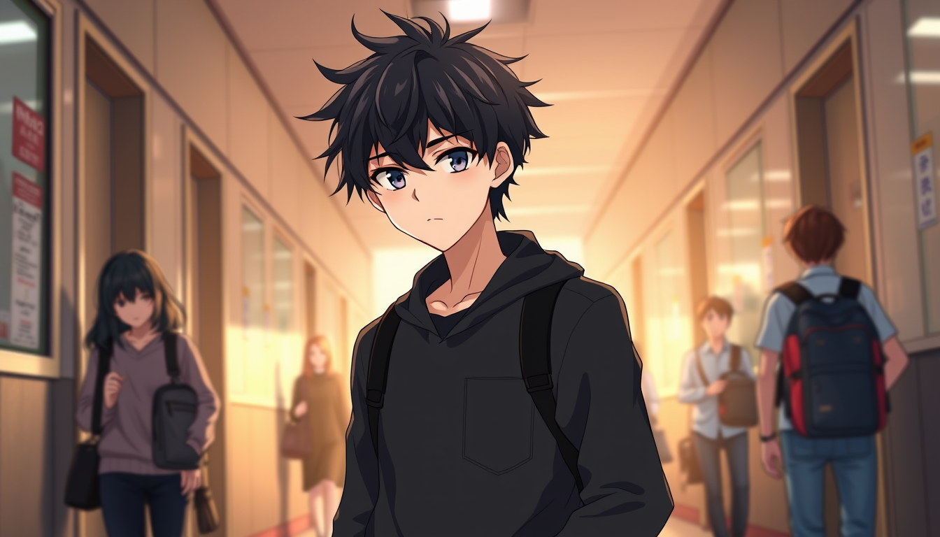 Anime idea: anime style, vibrant colors, expressive eyes, Young male anime/manhwa protagonist with messy black hair, sharp dark eyes, slim athletic build, youthfu