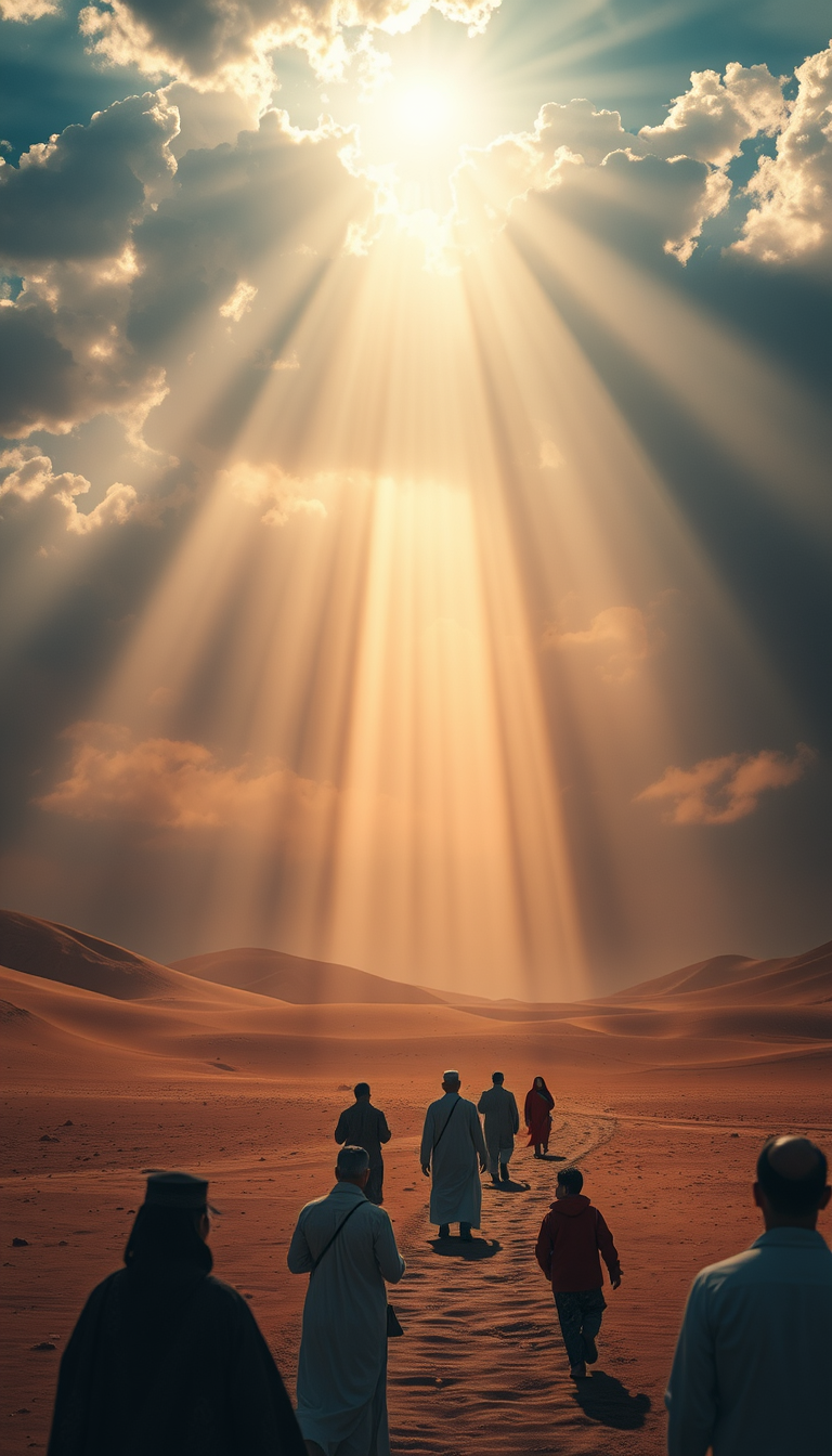Main art studio: A peaceful transition from the harsh desert into brilliant rays of heavenly light descending through clouds. A majestic symbolic light from above repr