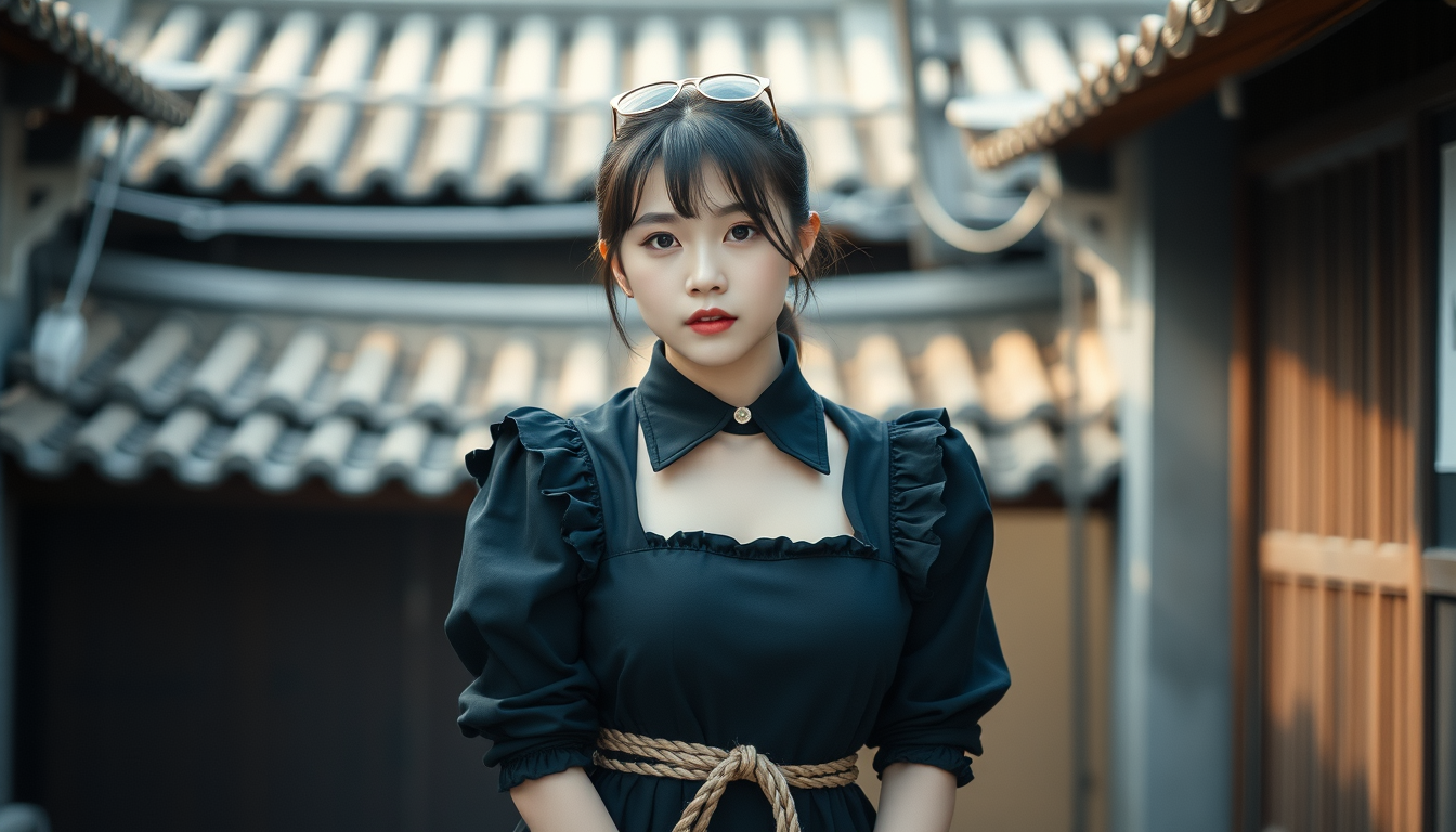 Main art studio: Korean girl wear black maid clothes and tied up with a rope