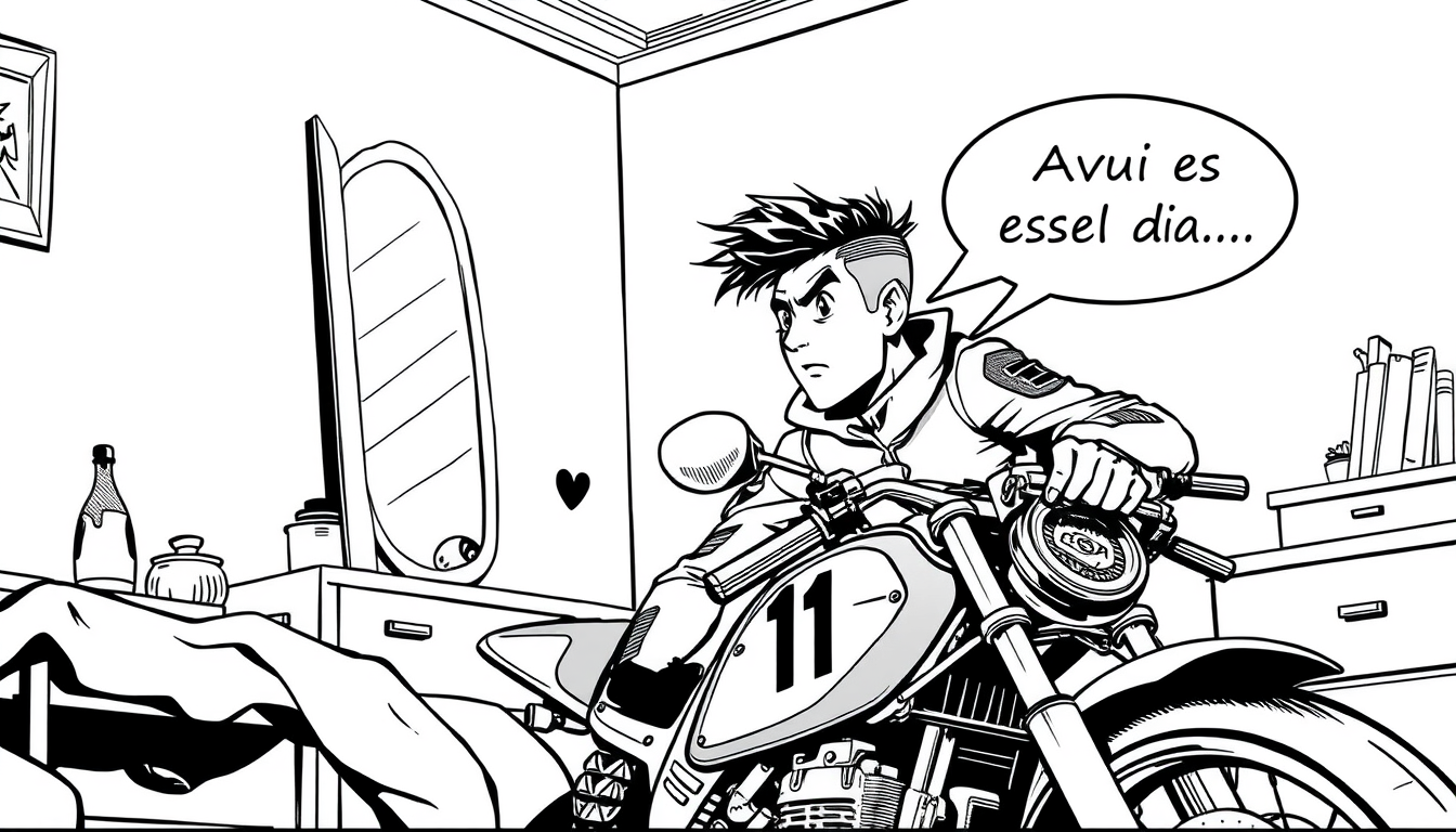 AI Comic idea created from the prompt: comic panel, bold inks, halftone shading, speech-bubble ready composition, Marcel, de 15 anys, és dins la seva habitació davant d'un mirall 