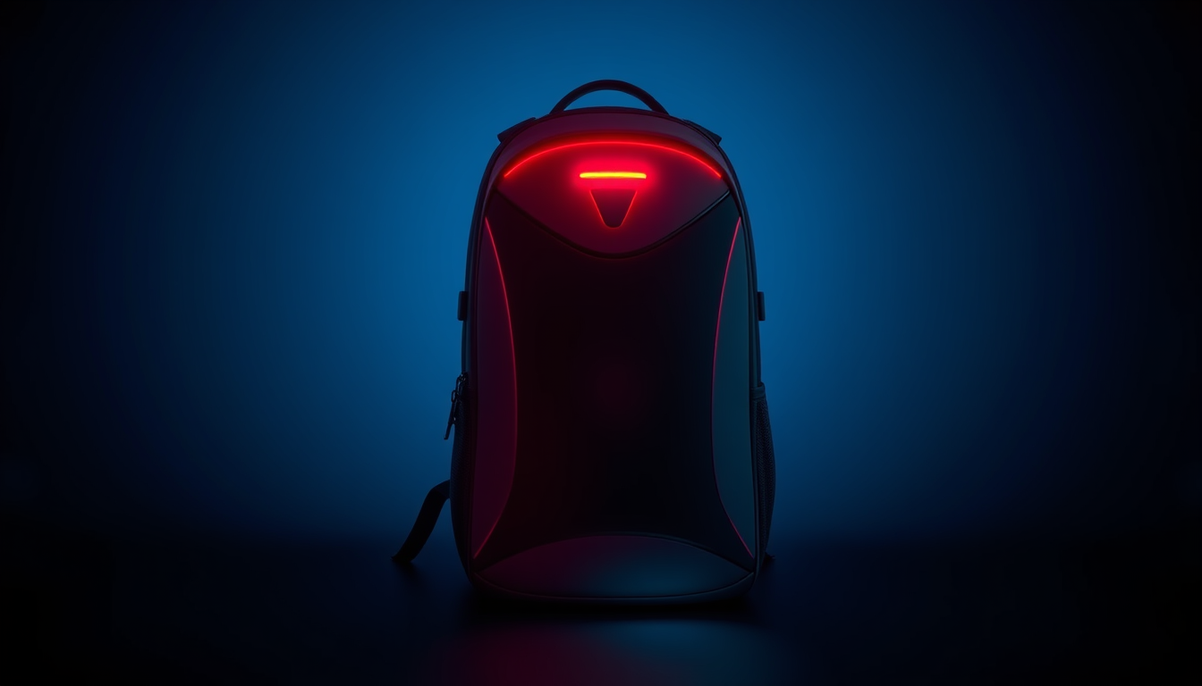 Main art studio: Hi, erstelle mir ein Bild von einem Smart Rucksack, welcher LED Licht, Sprachsteuerung, Ortung, mit dem Handy beidenen kann und modern ist. Bitte auf