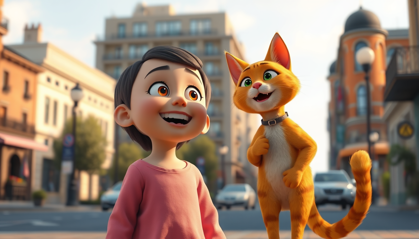 Main art studio: A happy little girl looking amazed at the same heroic orange cat, the cat standing proudly beside her, beautiful city street, cinematic 3D animation s