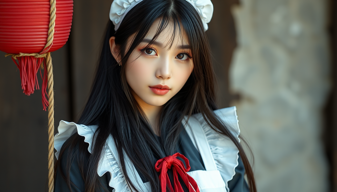Main art studio: Korean black long hair girl wear maid clothes and she is tied by rope