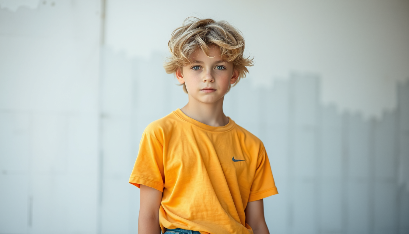 Main art studio: Mache mir ein Foto von einem hellbraunem Jungen der 16 Jahre alt ist un helbraune fluffige Haare hat mit einem weissem Nike t-Shirt und einer hellblau