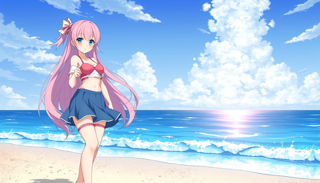 Main art studio: A anime women / femboy, she has pink hair with blue eyes, she's wearing a blue skirt with pink and white crop standing on a beach