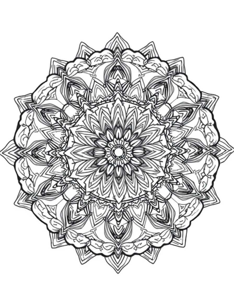 Main art studio: Intricate mandala coloring page, pure black line art on a pure white background, no color, no gray, no shading, no gradients, clean crisp outlines, hi