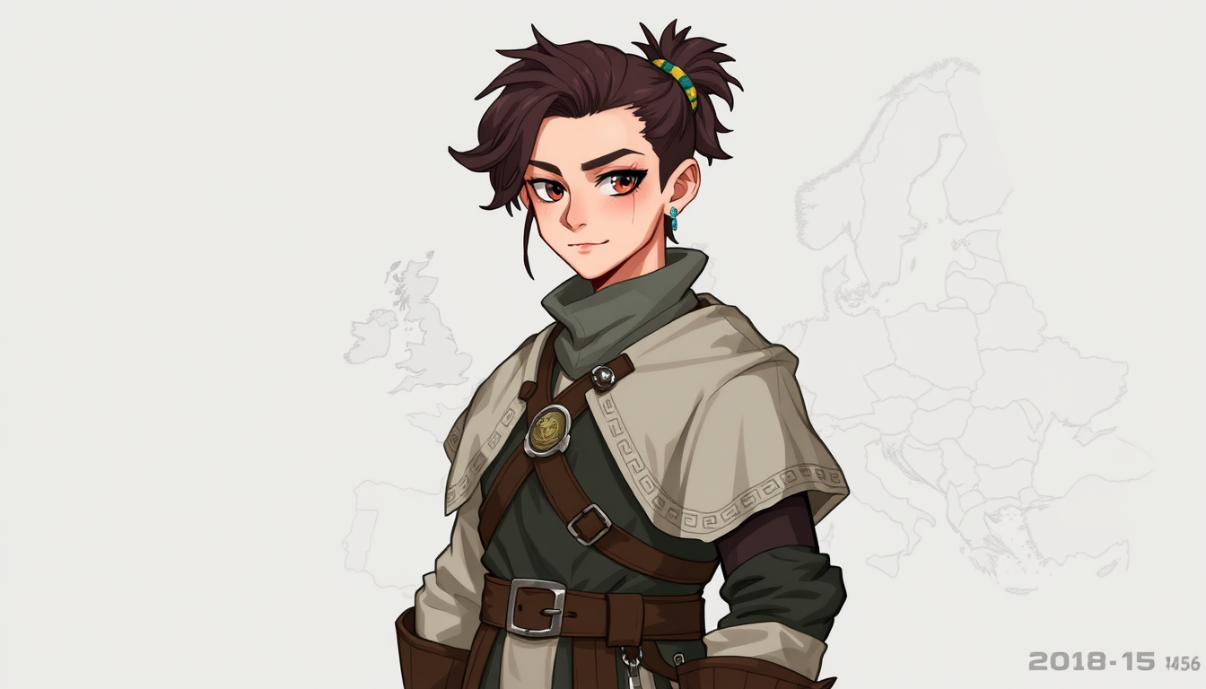 Characters idea: original character design, detailed outfit and accessories, expressive personality, map of Europe in 4556 , character concept art illustration
