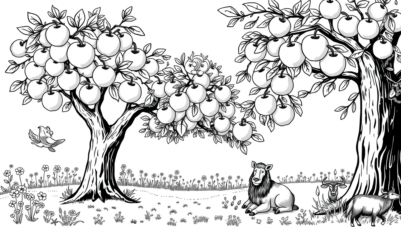 Main art studio: A4-Ausmalbild für Kinder, schwarz-weiß, klare dicke Konturen, weißer Hintergrund. Idyllische deutsche Streuobstwiese mit mehreren Apfelbäumen voller Ä