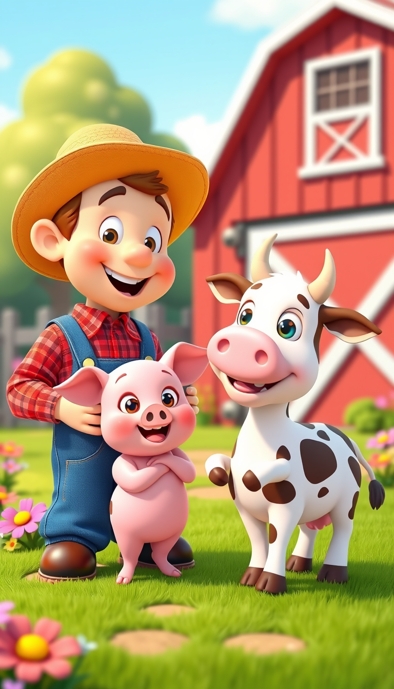 Main art studio: Same Old MacDonald farmer in blue overalls, red plaid shirt and straw hat, happily greeting a cute pink piglet with big round eyes and a cheerful smil