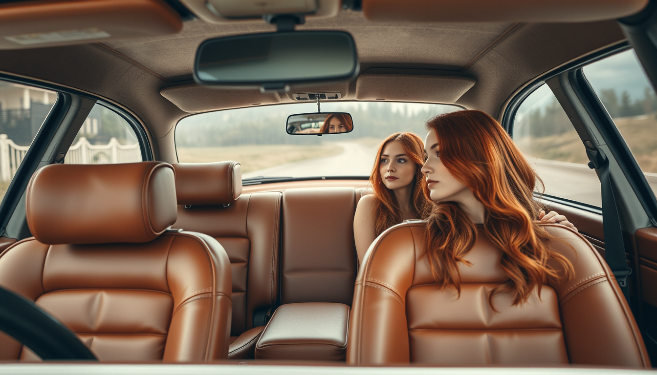 Main art studio: Ein großes, luxuriöses Auto mit braunen, vintage Ledersitzen ist von einer Scherenhebebühne hochgehoben. Alle Räder des Autos sind abmontiert. Im Auto