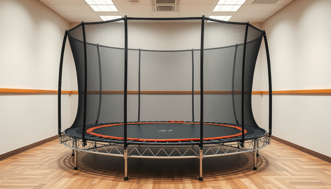 Main art studio: mache ein bild wo ein grosses trampolin in einem klassenzimmer ist ohne ein netz