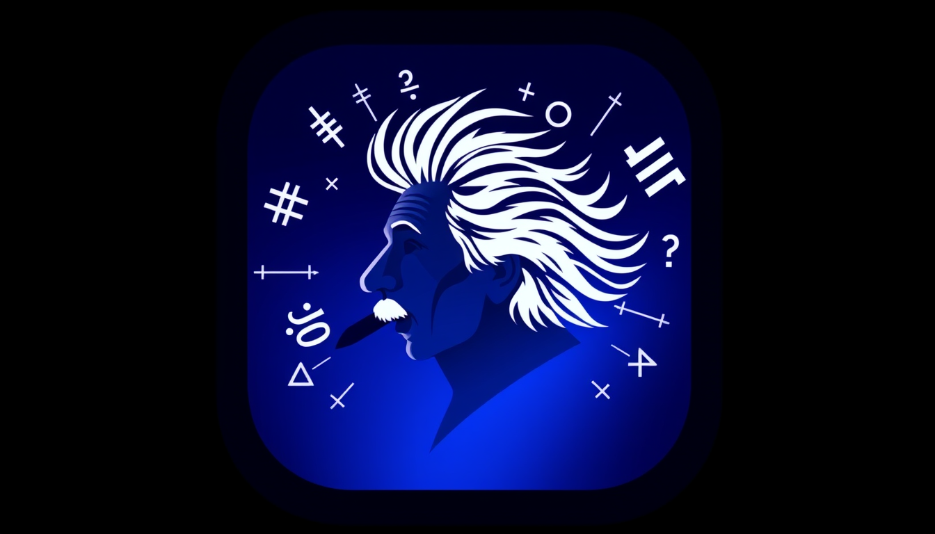 Main art studio: Modern premium app icon: a subtle Einstein-inspired silhouette with iconic wild hair, surrounded by a dynamic explosion of mathematical symbols (π, √,