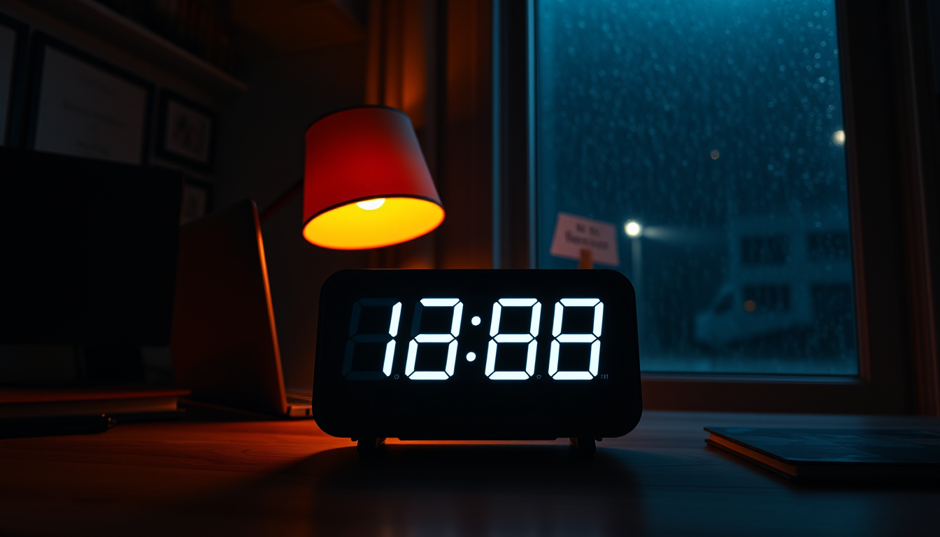Main art studio: A dark cozy study room at night, front-facing view of a modern digital alarm clock on a wooden desk, large glowing LED countdown display, warm orange