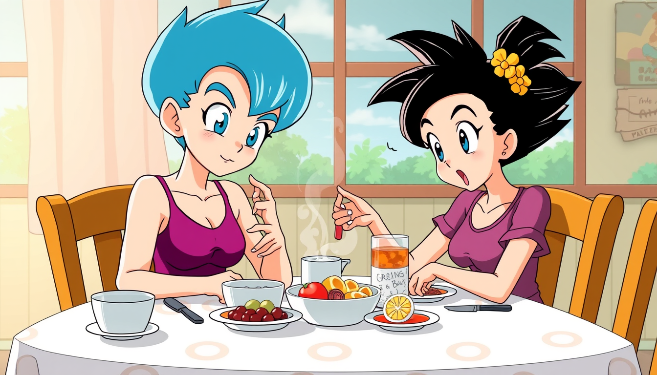 Main art studio: Bulma, C18 (personagens do dragon ball z) num almoço de família com os pés em cima da mesa com chulé e a Bulma com toering nos dedos indicadores dos p