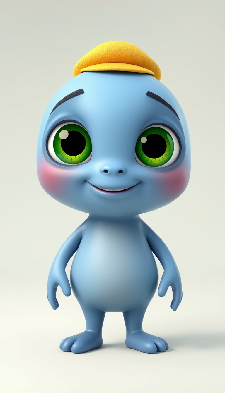 Main art studio: Create a cute, friendly fictional alien character for a colorful 3D animated children's cartoon. Character: Bobo, a tiny, round blue alien with a soft