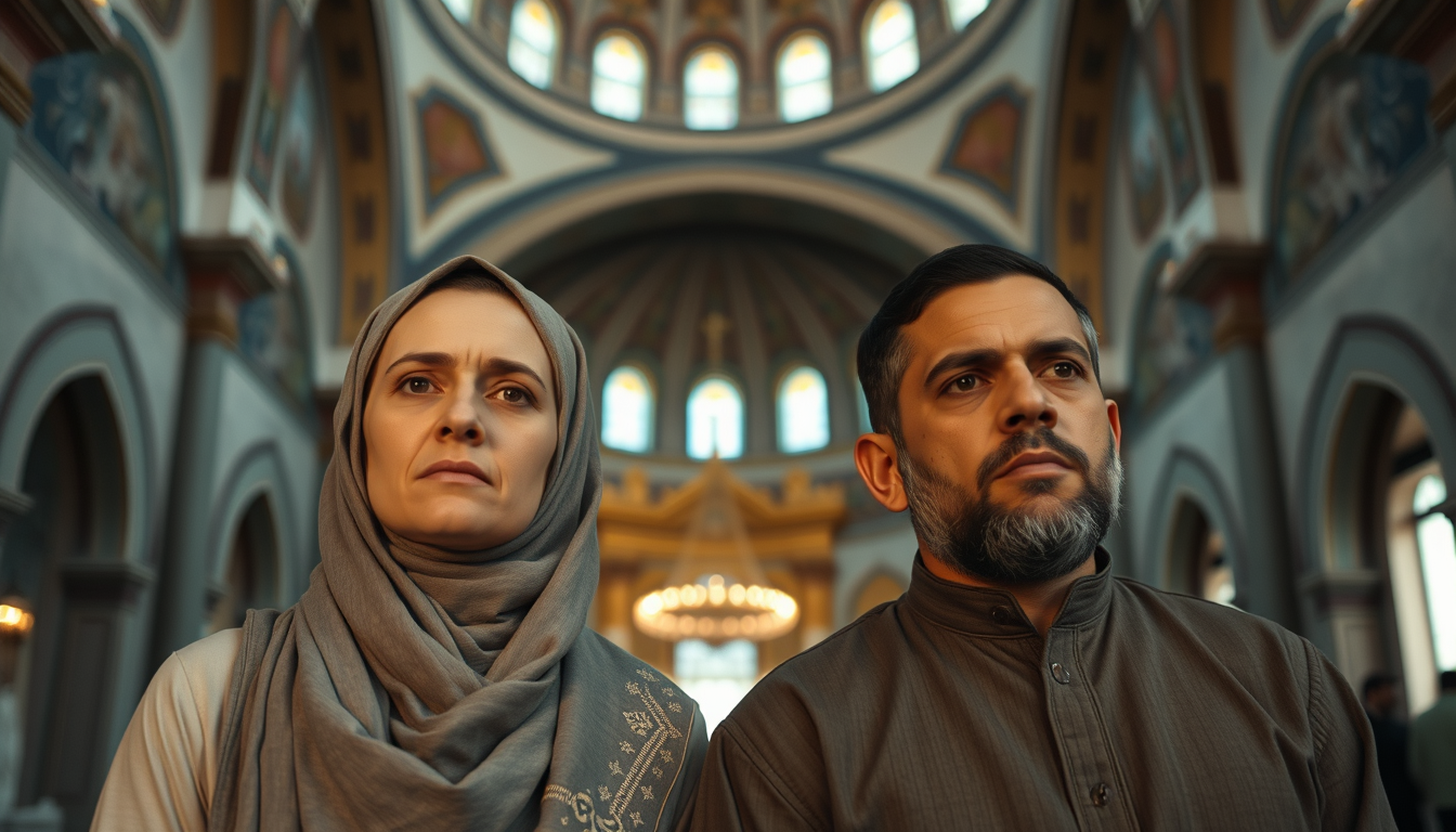 Main art studio: zwei muslime in der moschee, der eine zeigt hoffnung und der andere angst im gesicht