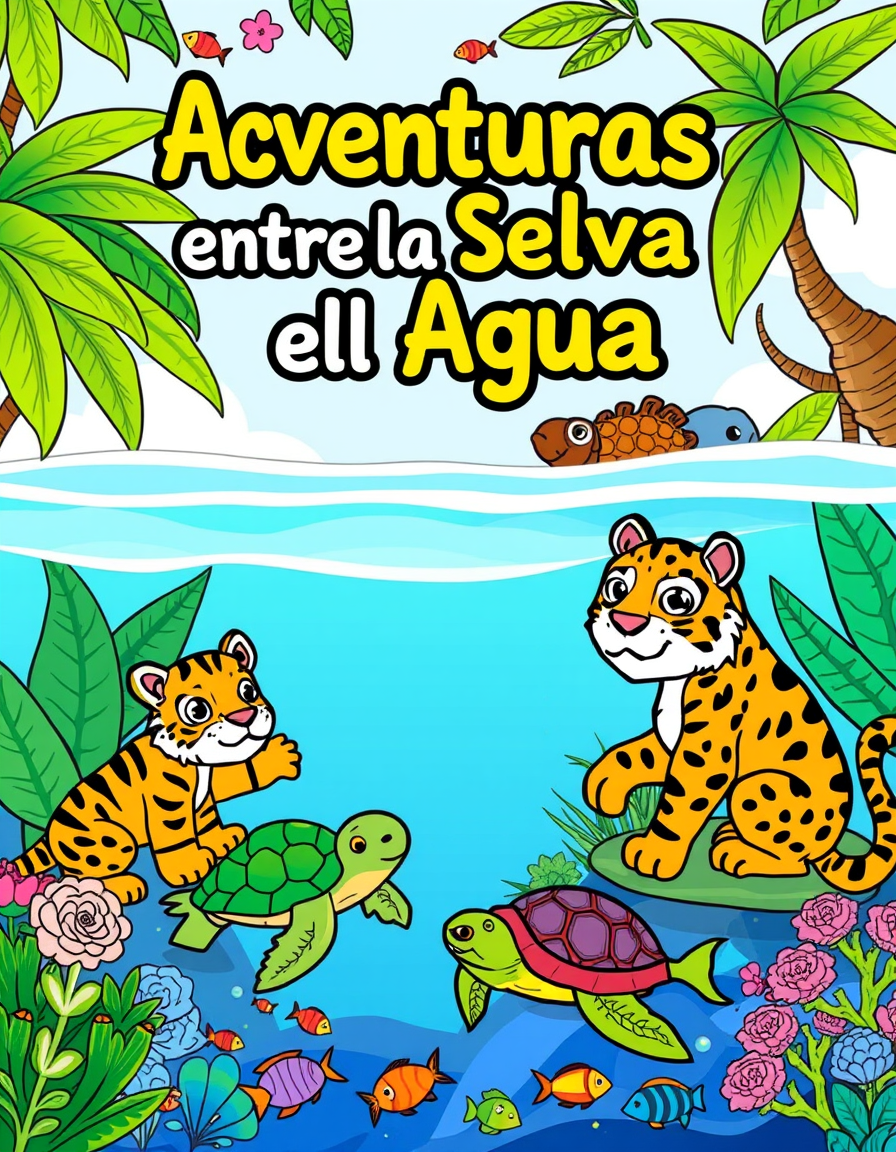 Main art studio: Crea una portada colorida para un libro infantil para colorear titulado “Aventuras entre la Selva y el Agua”. Muestra adorables animales originales: t