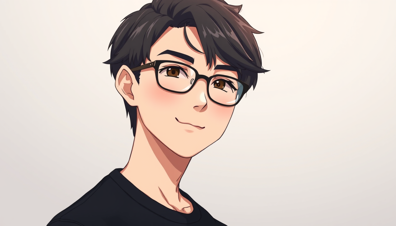 Main art studio: A 16 year boy old boy with glasses, wavy-to-straight black hair, a diamond-oval long shaped face, a visible but not very sharp jawline, fair skin, and