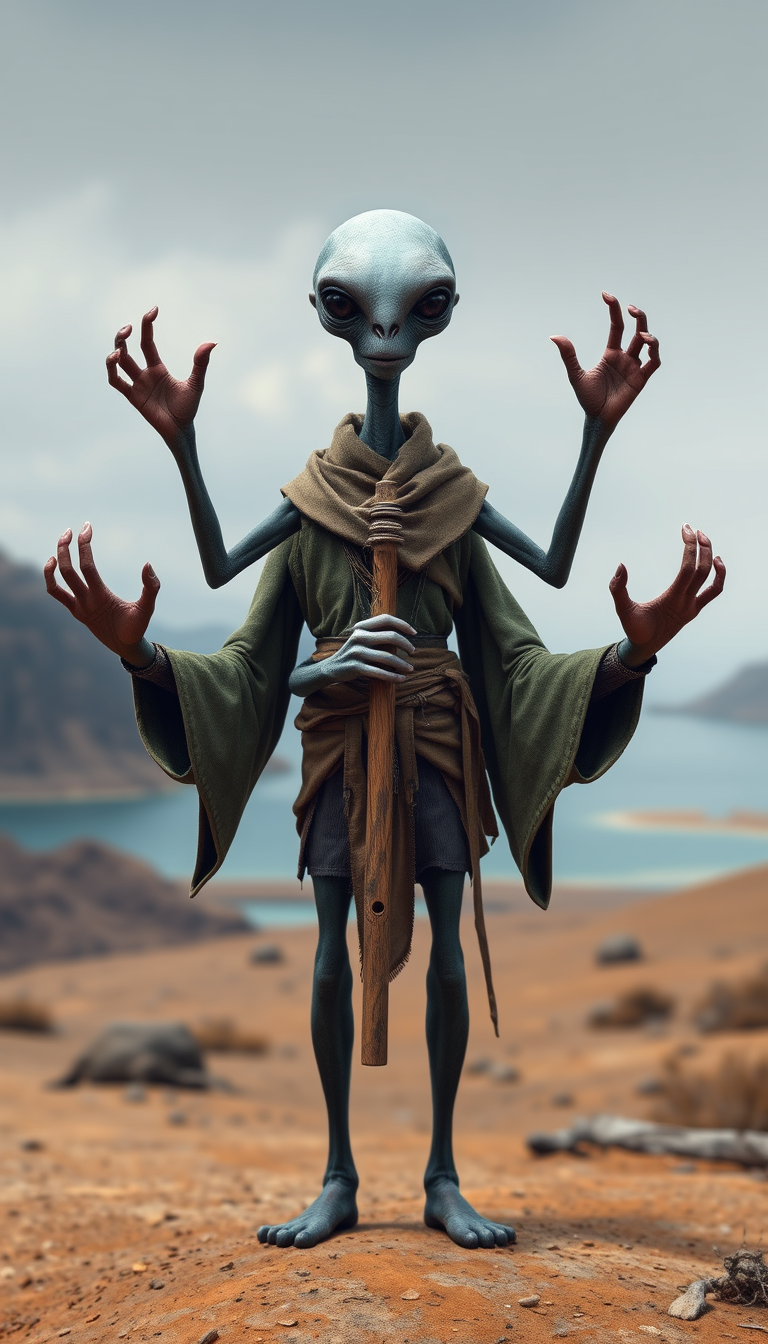 Main art studio: A tall humanoid alien with four arms with four fingered hands. Head has large eyes, small mouth, and no visible ears. Alien is dressed in strange clot