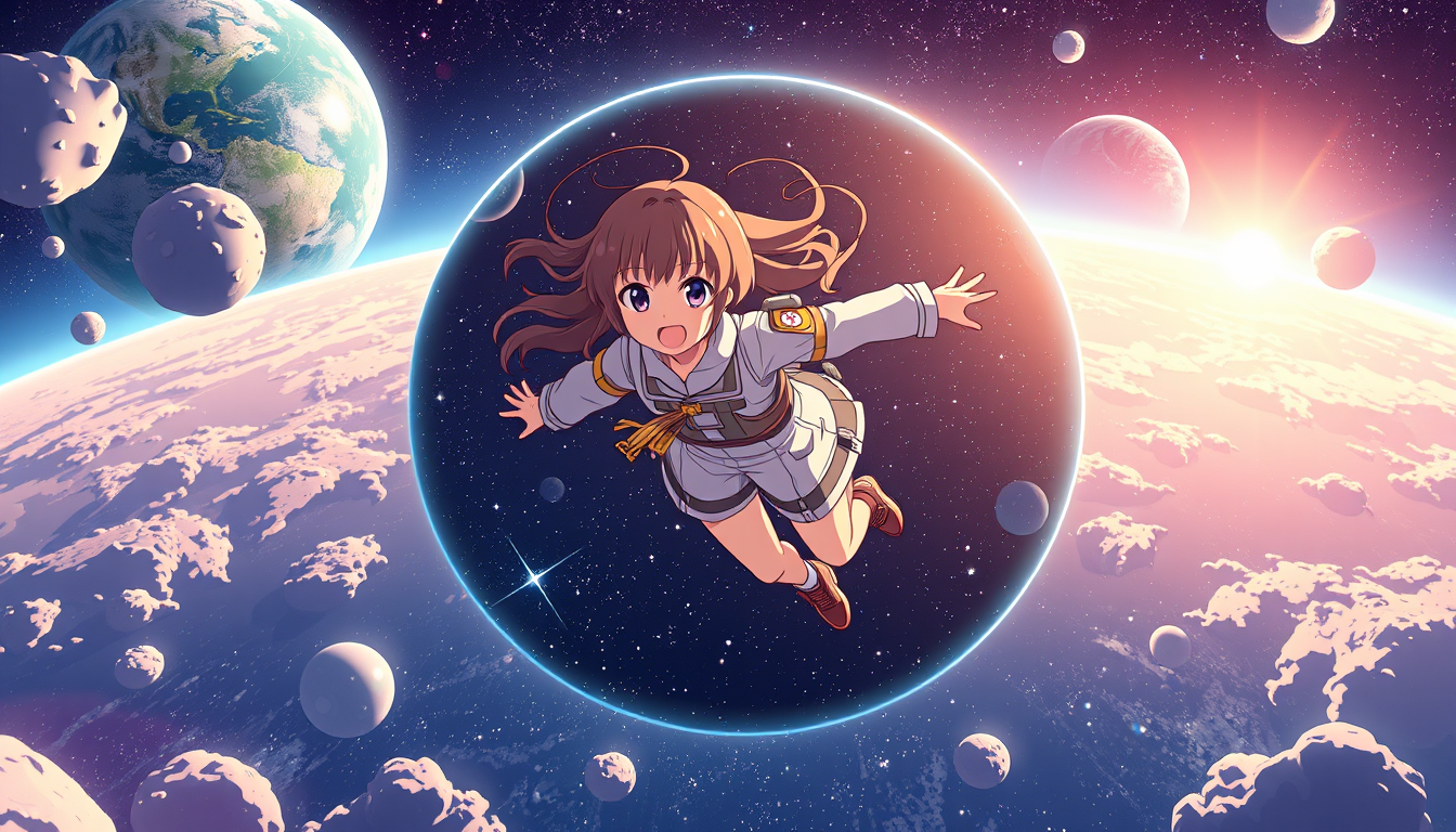 AI Art prompt example created from the prompt: anime style, a girl flying to space from earth,