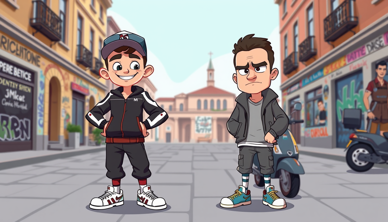 Main art studio: Two original French urban cartoon characters. A confident young man wearing a tracksuit, sneakers and a cap. He has a big personality, expressive face