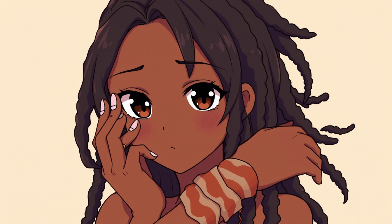 AI Art prompt example created from the prompt: anime style Black female character, black dreadlocks, dark brown eyes, cozy relaxed stoner-adjacent vibe, wearing a ring on one finger and a