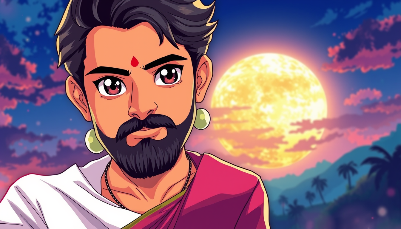 Anime idea: anime style, vibrant colors, expressive eyes, Bound by our love for cinema, we live together as one,... - for this line make a perfect kerala based im