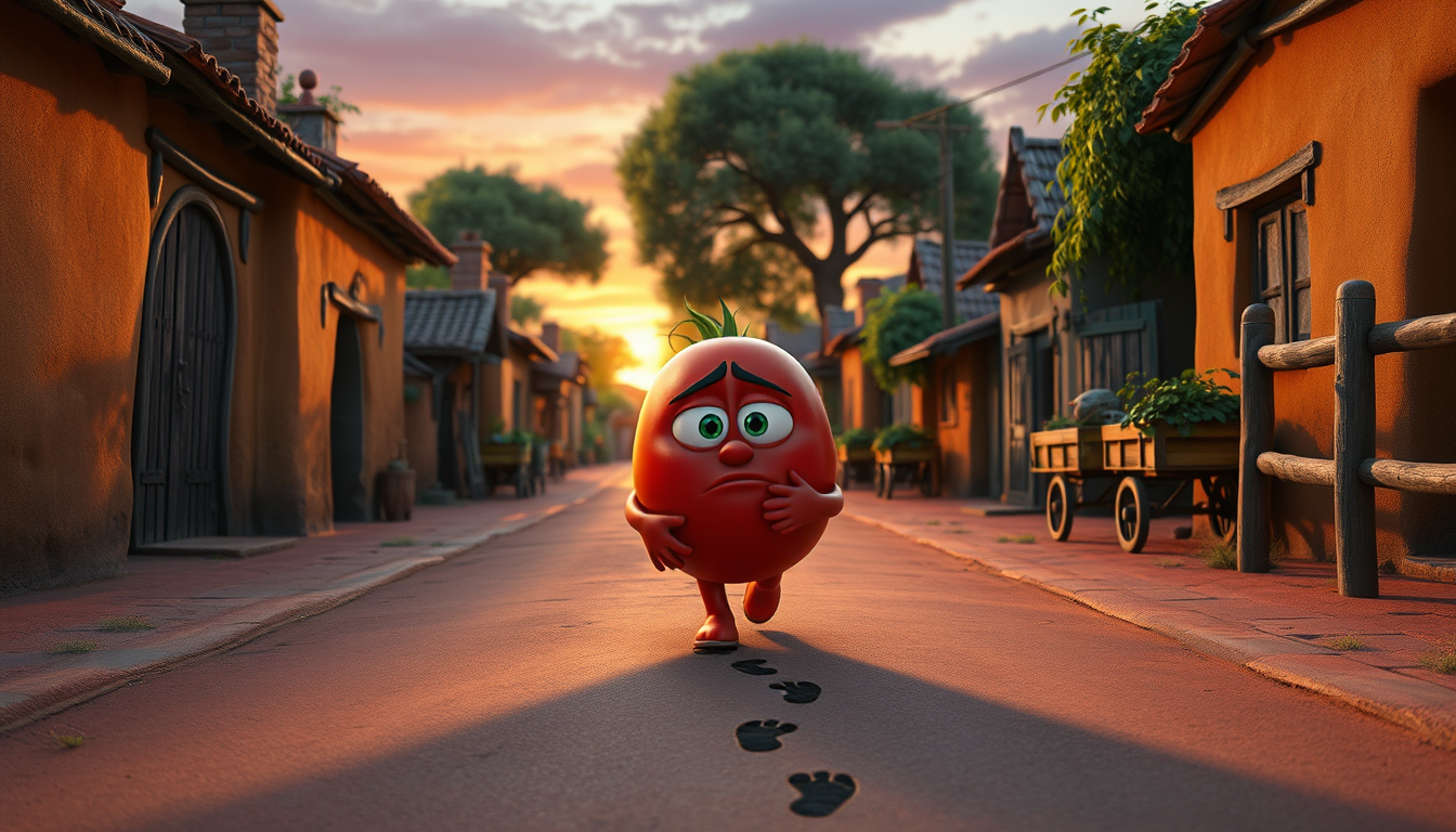 Main art studio: The same red tomato character following a trail of mysterious shoe footprints through a narrow village street. He walks carefully with a worried but d