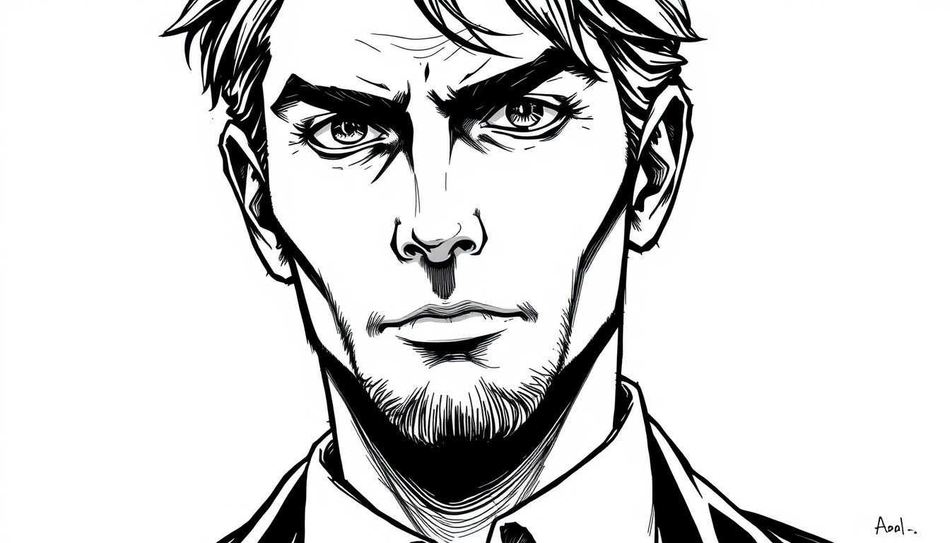 Main art studio: Original fanart of Nathaniel Marsh, a distinctive male fictional character. Dramatic portrait composition, intricate facial features, expressive eyes,