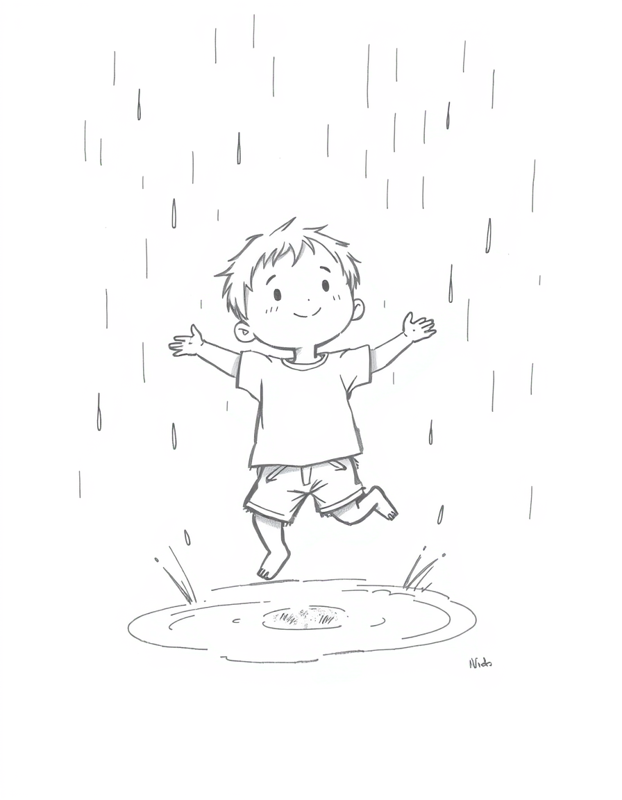 Main art studio: A cute little boy happily jumping and playing in puddles during a gentle rain, without an umbrella, surrounded by playful raindrops splashing around h
