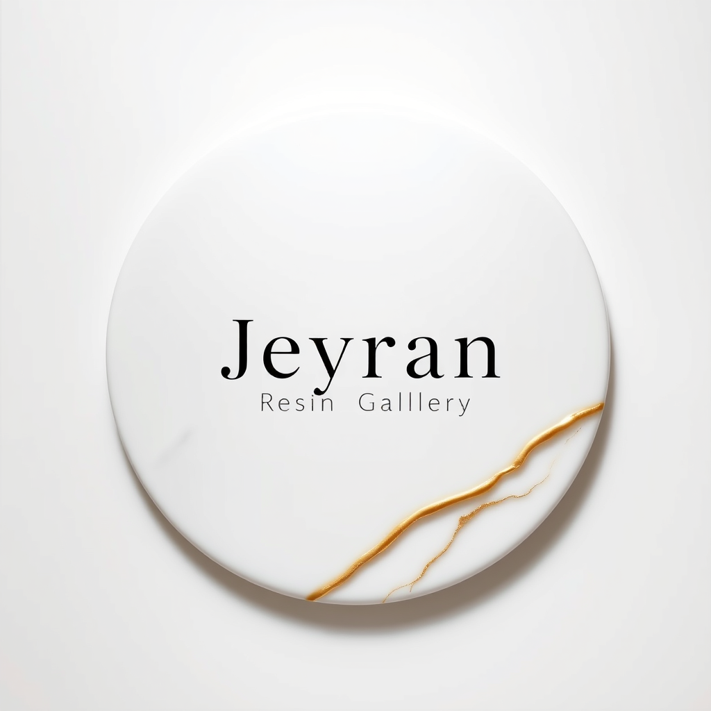 Main art studio: Minimal luxury resin art logo, white and gold color palette, subtle glossy resin effect, elegant golden details, clean white background, simple and so