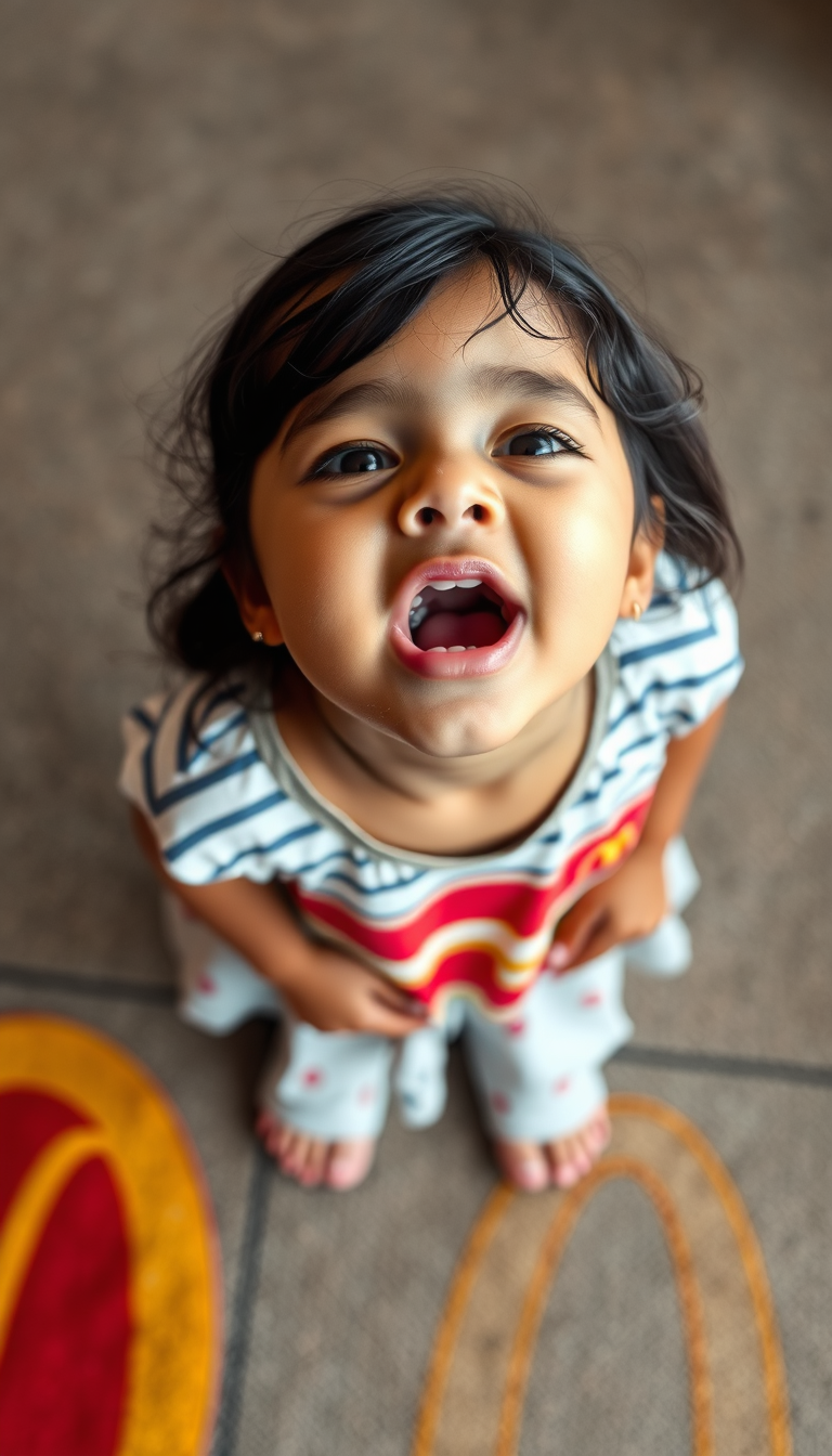 Main art studio: little indian girl standing on mcdonalds carpet with mouth open and head tilted back, angle from above girl