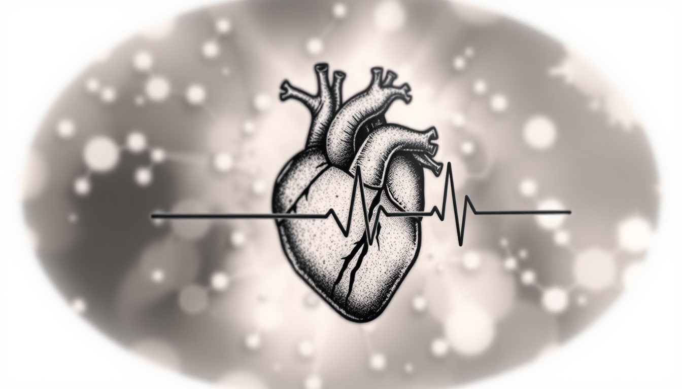 AI Art prompt example created from the prompt: EIn Tattoo für Mediziner Ärtze mit der echte biochemische Moleküle ATP im Hintergrund eals Fine-Line und ein Anatomisches Herz mit EKG linie