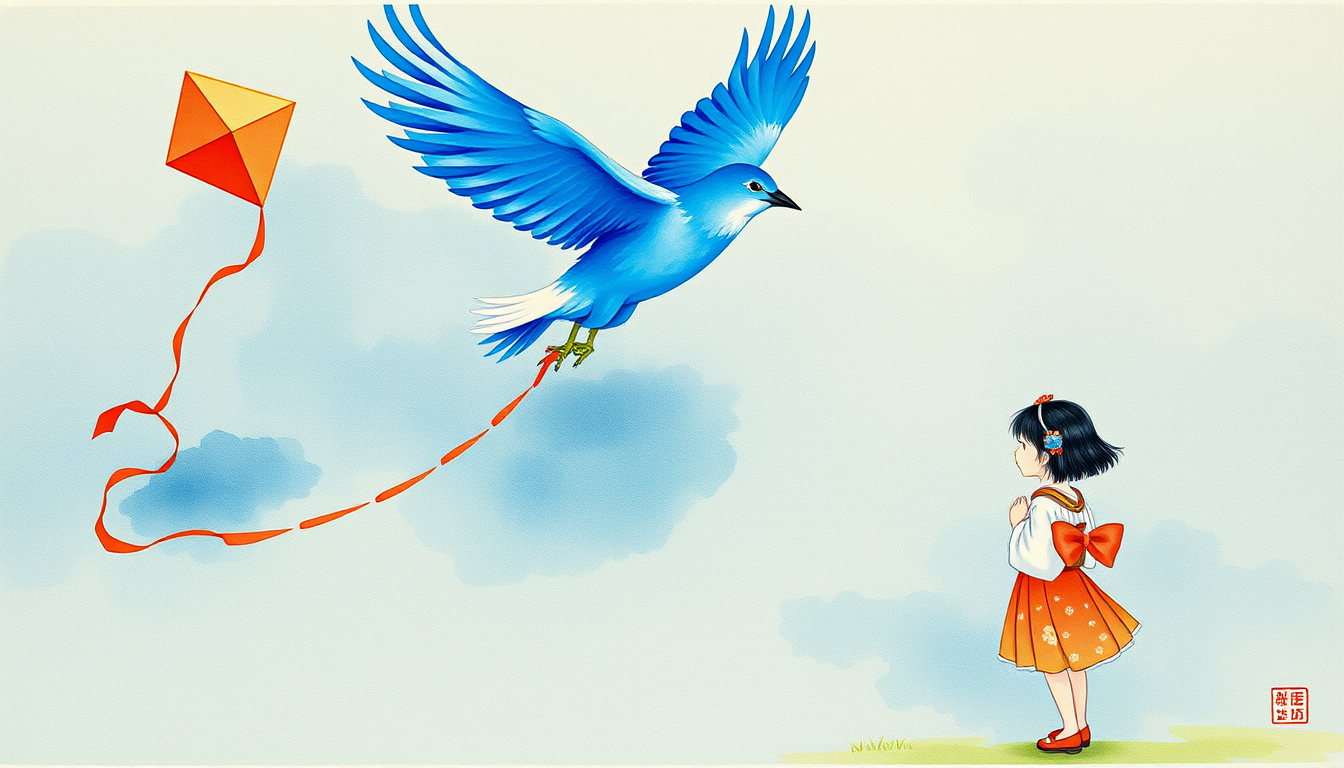 Main art studio: Magical transformation of the kite into a bright blue bird with feathers, mid-air, with dynamic brushstrokes and watercolor blending. The little Japan
