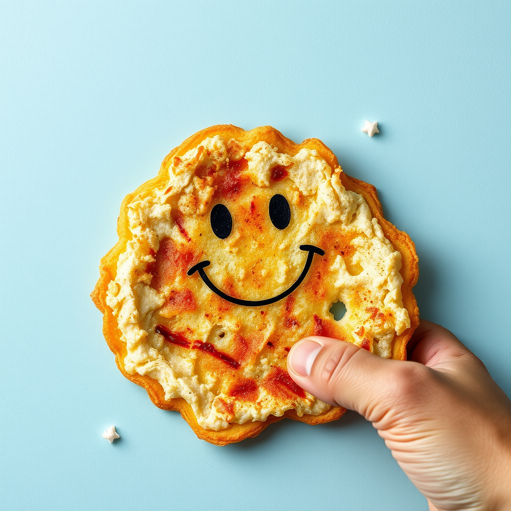 Main art studio: Generiere ein bild von einem smiley: Freut sich wie ein schnitzel, es ist aber ein veganes schnitzel das auf und ab springt sich episch dreht und dabe