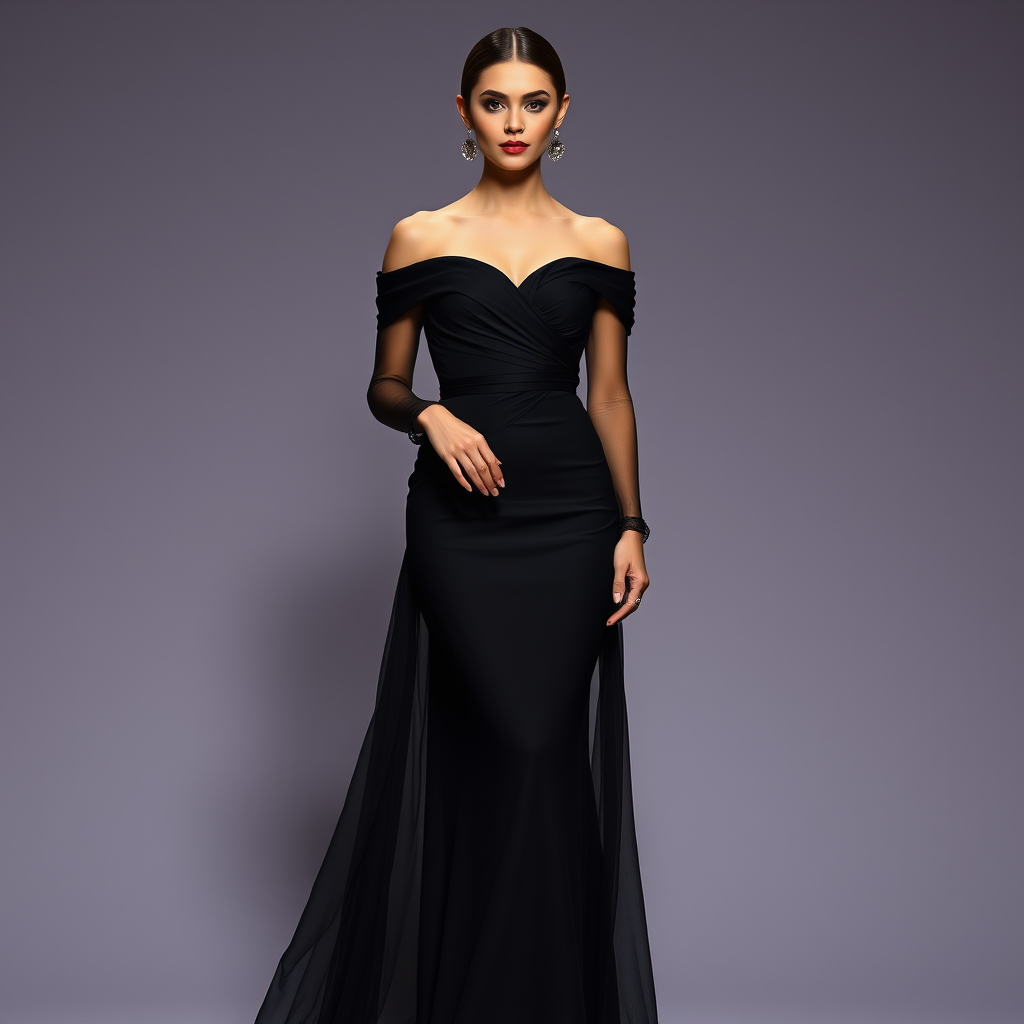 Main art studio: Elegant black mesh evening gown, long straight silhouette, off-the-shoulder draped neckline, sheer illusion fabric, soft sculptural draping around the