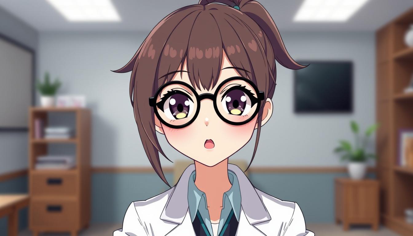 VTuber Avatar idea created from the prompt: vtuber avatar, anime style bust, expressive eyes, streaming overlay ready, i want character girl big eyes black glasses circle shape glasses
