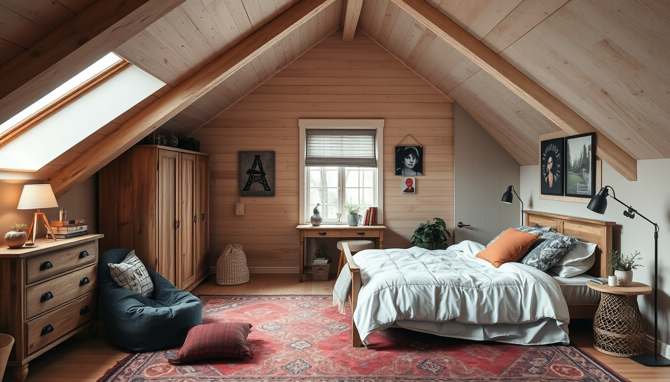 AI Art prompt example created from the prompt: Zimmer inspo mit einer Dachschrege einem Bett einem Kleiderschrank schreibtisch sowie 2 kleinere Schränke (90 cm hoch beide ) ein Sitzsack u