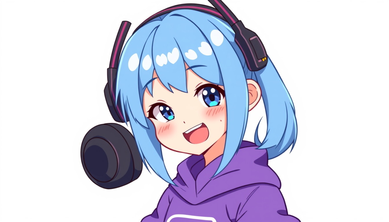 VTuber idea: vtuber avatar character, anime style, expressive face, streaming-ready design, a cute anime girl with blue hair and cute purple clothes , clean vtuber