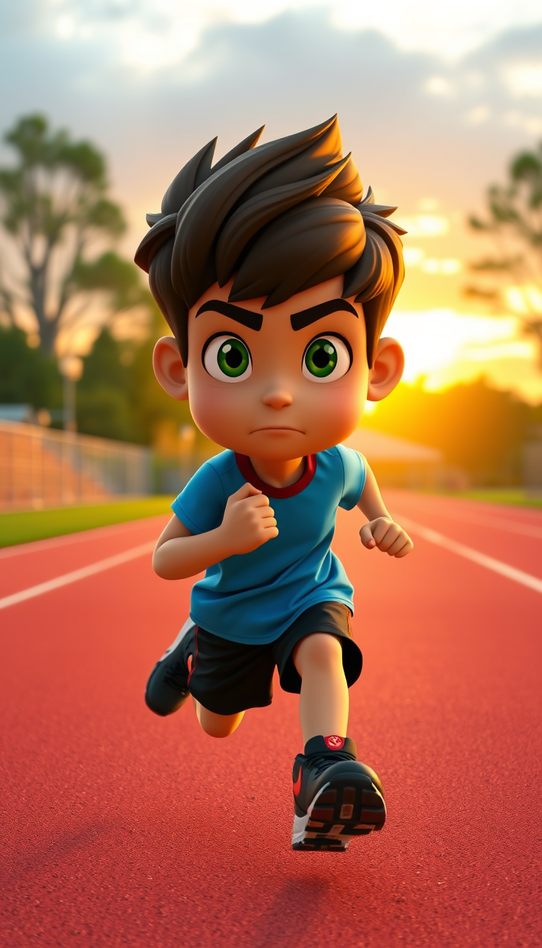 Main art studio: Same boy, wearing a bright blue T-shirt, black shorts and black running shoes with red details. He is training hard alone on a school running track at