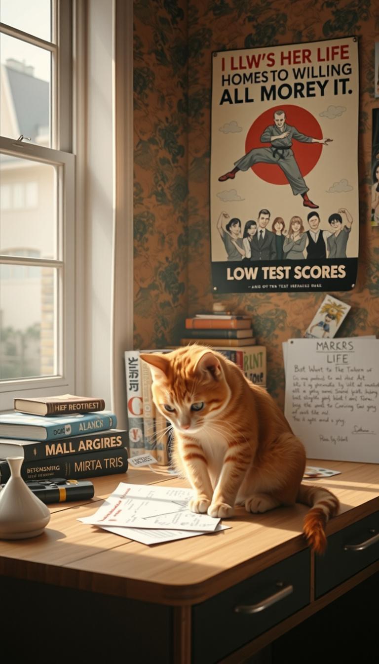 Main art studio: The same small orange tabby cat sitting alone at home, looking at her low test scores and feeling determined to change her life, motivational atmosphe