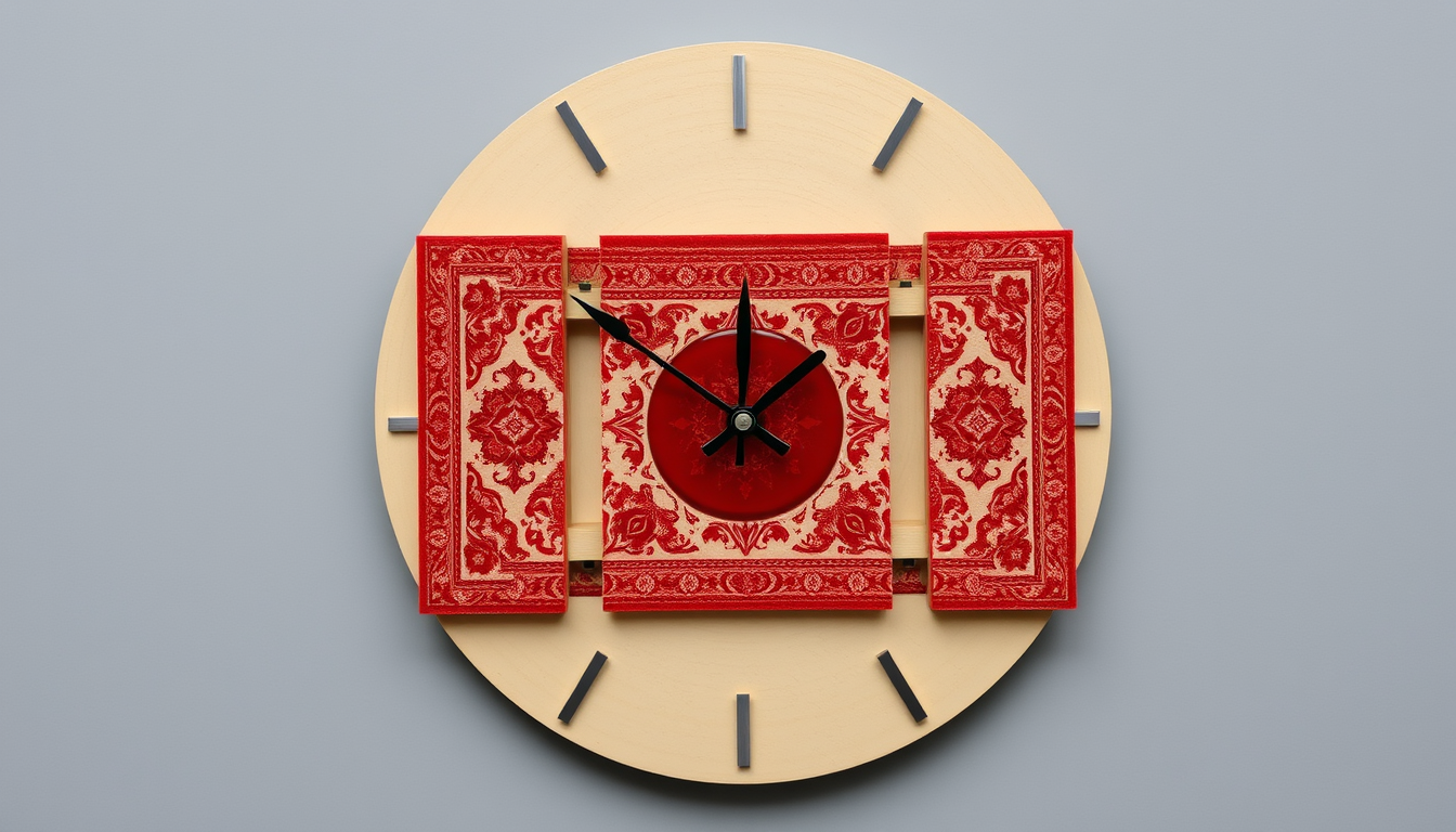 Main art studio: ### Image Prompt Handmade resin wall clock, round MDF base with a glossy resin center and three slim MDF pieces placed across it. The MDF pieces are d