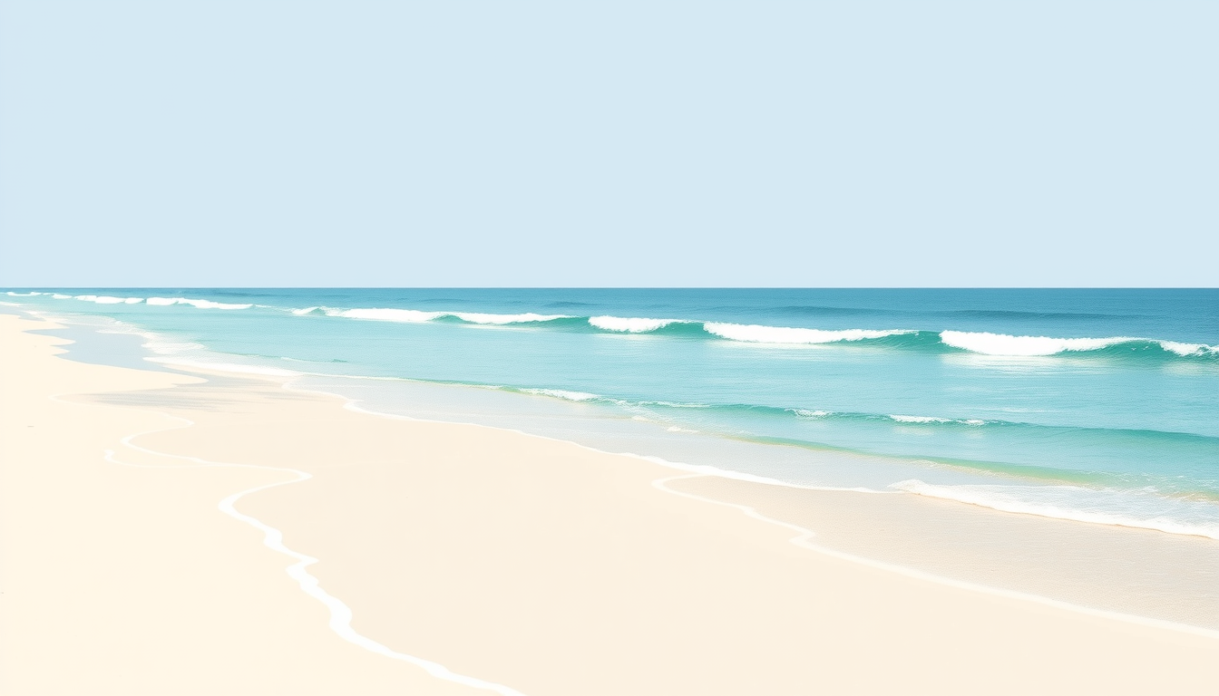 Main art studio: Convert the Muchangpo Beach photo into a minimalist vintage illustration for a T-shirt design. Use simple line art, subtle watercolor shading, calm oc