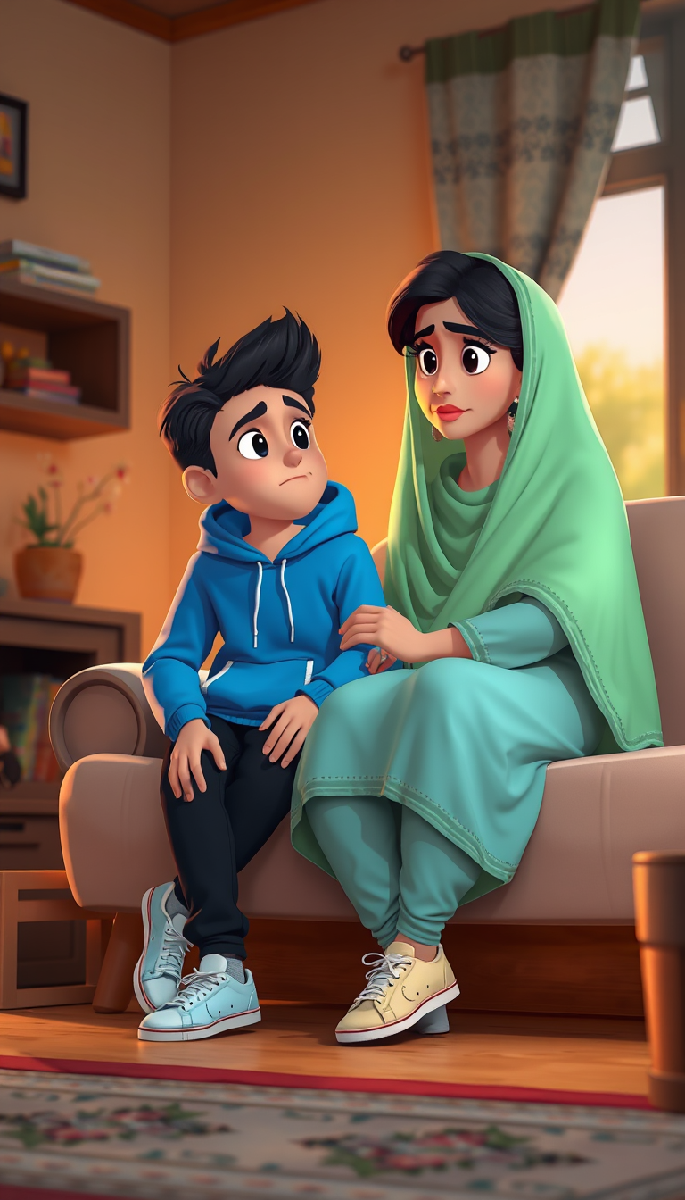 Characters idea: an original character defined by silhouette, role, outfit, palette, and expression, deliberate composition, 3D cartoon scene, 12-year-old Pakistani bo